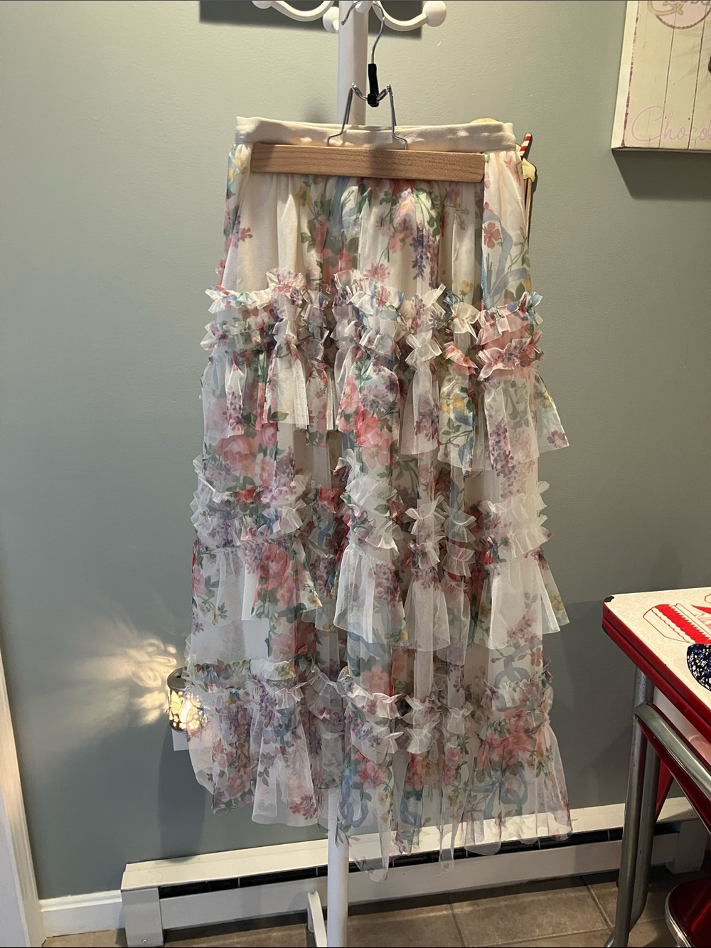 Floral Ruffle Tiered Maxi Skirt - White with Pastel Florals